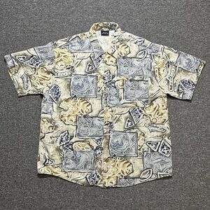 Bon Homme Beige Blue Hawaiian Shirt Size L Floral Abstract Short Sleeve‎